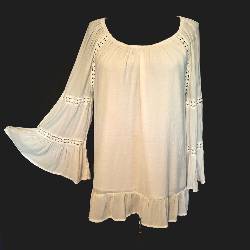 Boho Peasant top Crochet Lace Bell Sleeve Blouse Women Cottagecore festival M